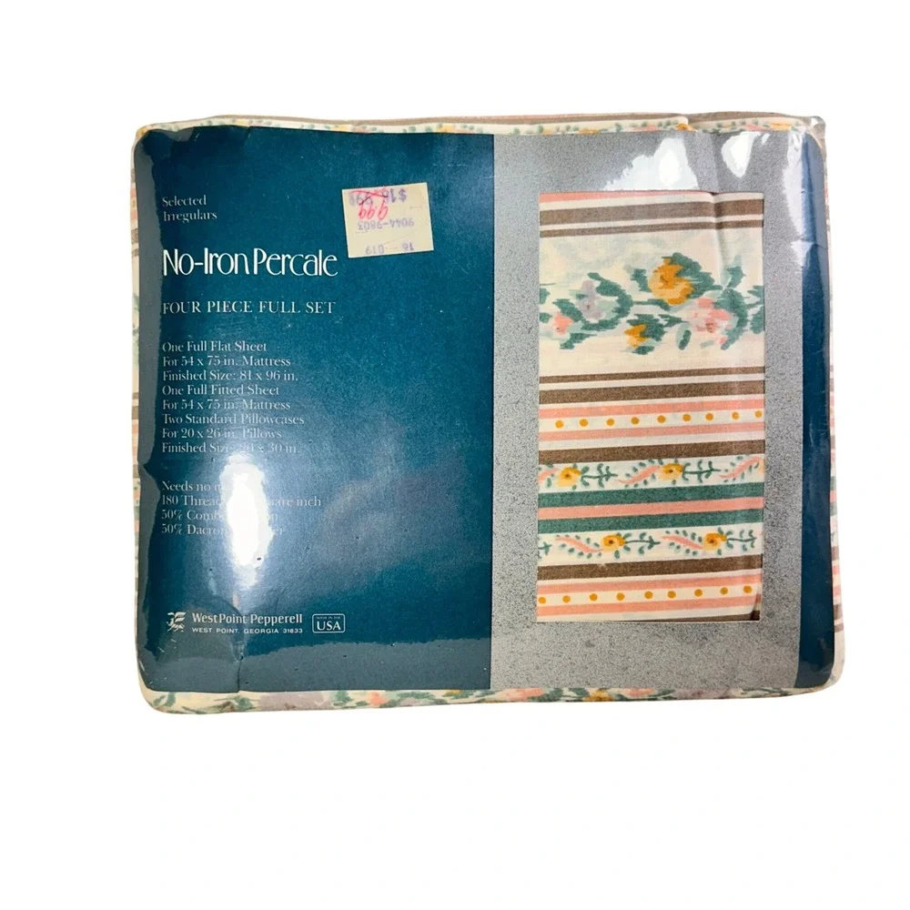 Vintage WestPoint Pepperell Full Sheet Set Floral Stripe Percale NOS USA 4 Pc